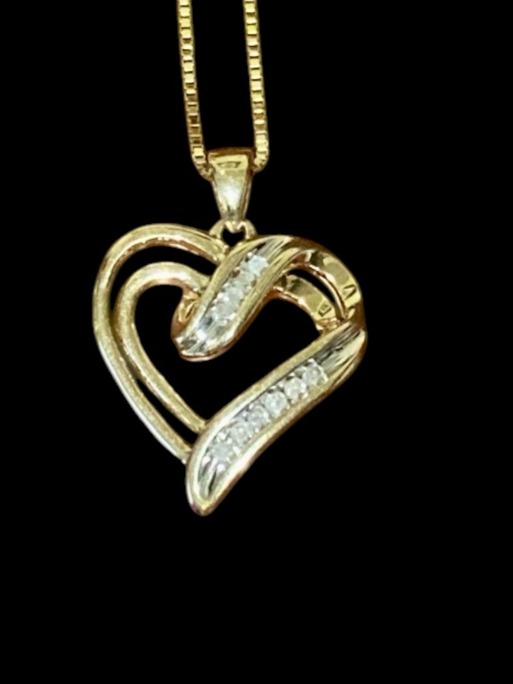 10K Solid Yellow Gold Diamond Ribbon Heart Pendant with Diamond Accents.